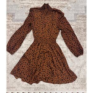 Brown Smocked Waist Long Sleeve Dress | Animal Print